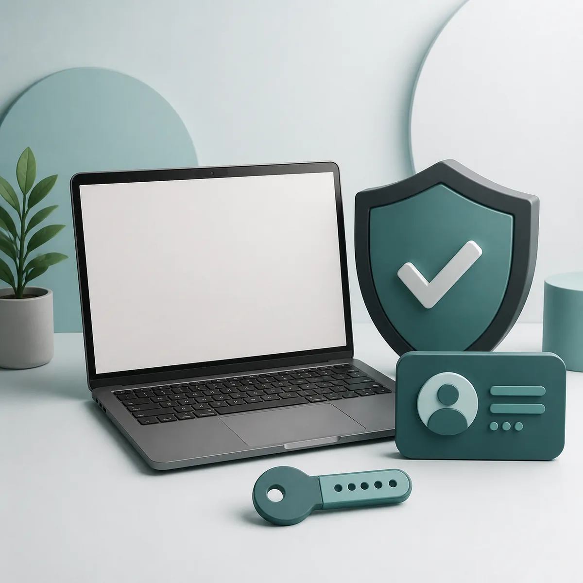Illustration eines Laptops, eines Sicherheitsschilds, einer Kontokarte und eines Lizenzschlüssels für einen Kaspersky Aktivierungsleitfaden