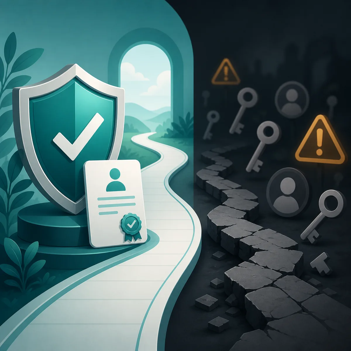 Illustration mit einem geprüften Support-Weg und einem unterbrochenen Weg aus anonymen Schlüsseln und Warnungen
