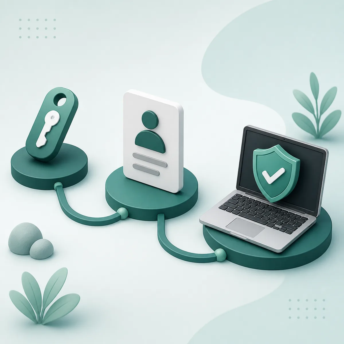 Illustration eines Lizenzschlüssels, der von einer Kontokarte zu einem geschützten Laptop führt