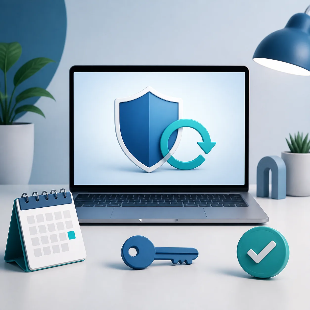 Conceptual illustration of a protected account, calendar and recurring renewal symbol