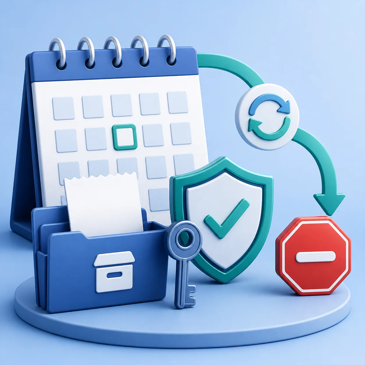 Conceptual illustration of a renewal calendar, account key, protected records and a stop symbol
