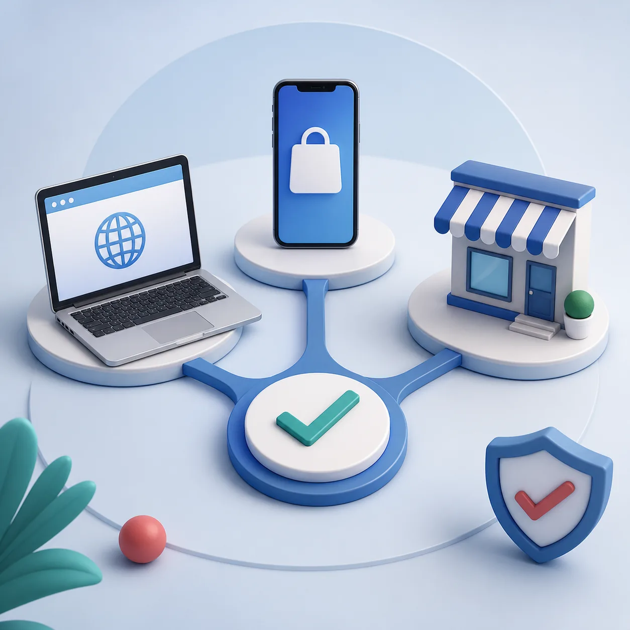 Conceptual illustration of web, mobile-store and reseller billing routes joining a verified decision