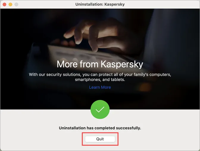 Official Kaspersky Mac screen showing successful uninstallation and the Quit button