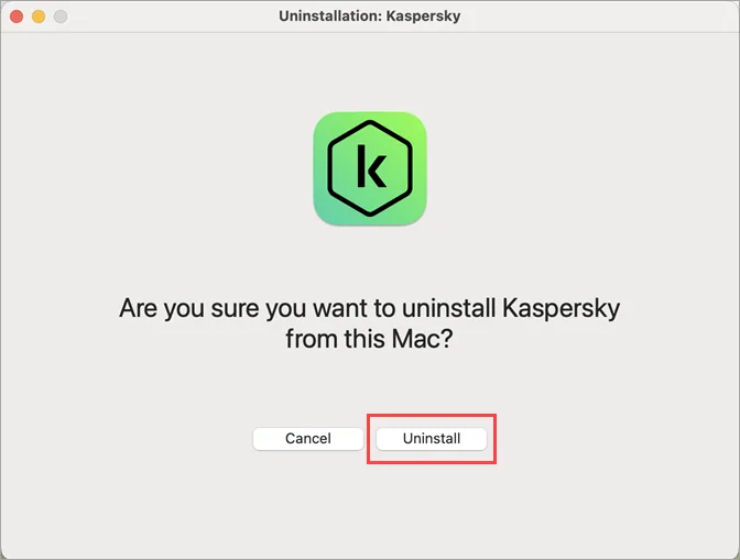 Official Kaspersky Mac confirmation dialog asking whether to uninstall Kaspersky