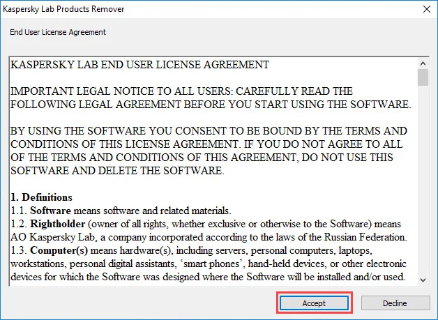 Offizielles Kavremover-Fenster zur Auswahl des Kaspersky-Produkts