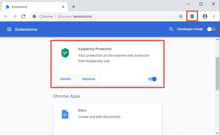 Gestionnaire officiel des extensions Chrome montrant Kaspersky Protection activé