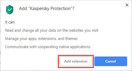 Fenêtre officielle des autorisations Chrome pour ajouter Kaspersky Protection