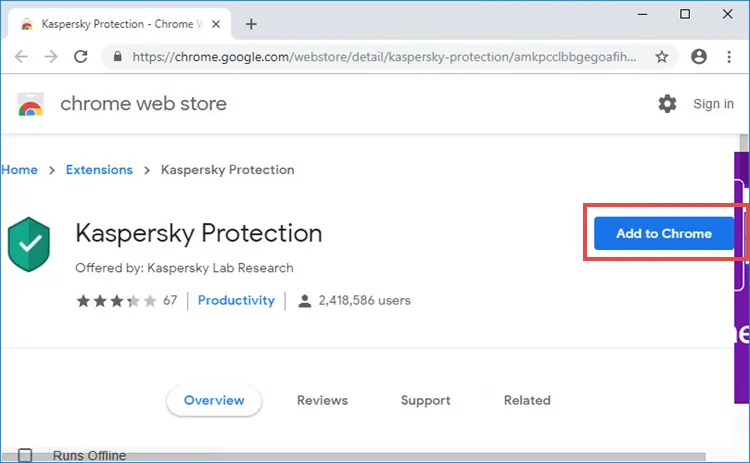 Fiche officielle Kaspersky Protection dans Chrome Web Store avec le bouton Ajouter à Chrome