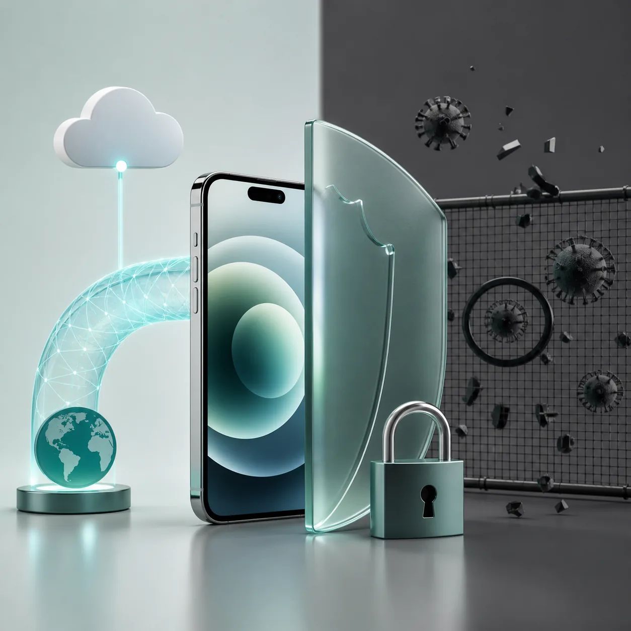 Editorial illustration of an iPhone behind a privacy shield with a cloud account and lock