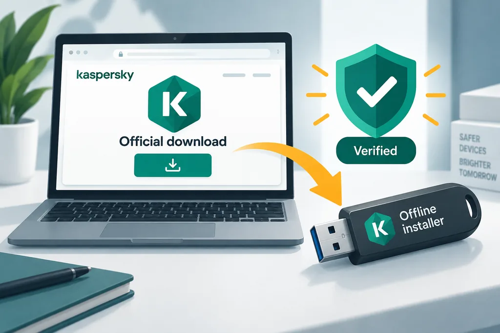 Redaktionelle Illustration eines offiziellen Kaspersky-Downloads zu einem geprüften Offline-Installer auf einem USB-Stick