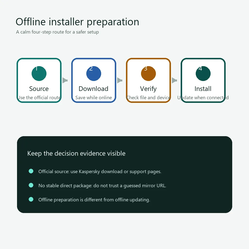 Vier Schritte zum Auswählen, Herunterladen, Prüfen und Installieren von Kaspersky ohne Verbindung
